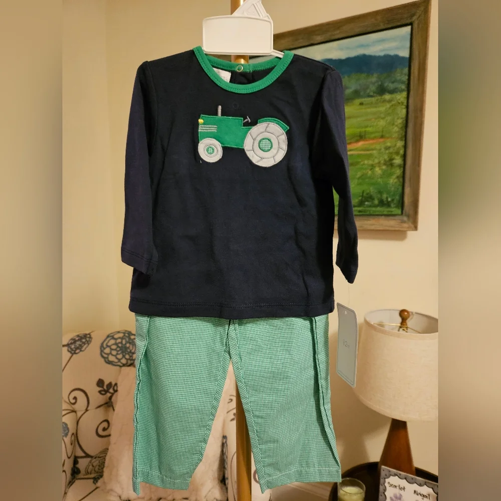 Petit Ami Navy and Green Tractor Applique Top & Pant Set